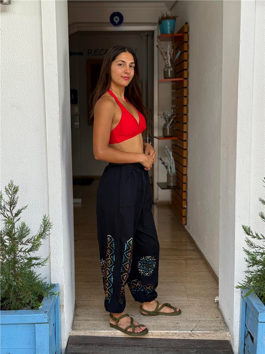 Siyah Renk El Baskılı Bohem Pantolon