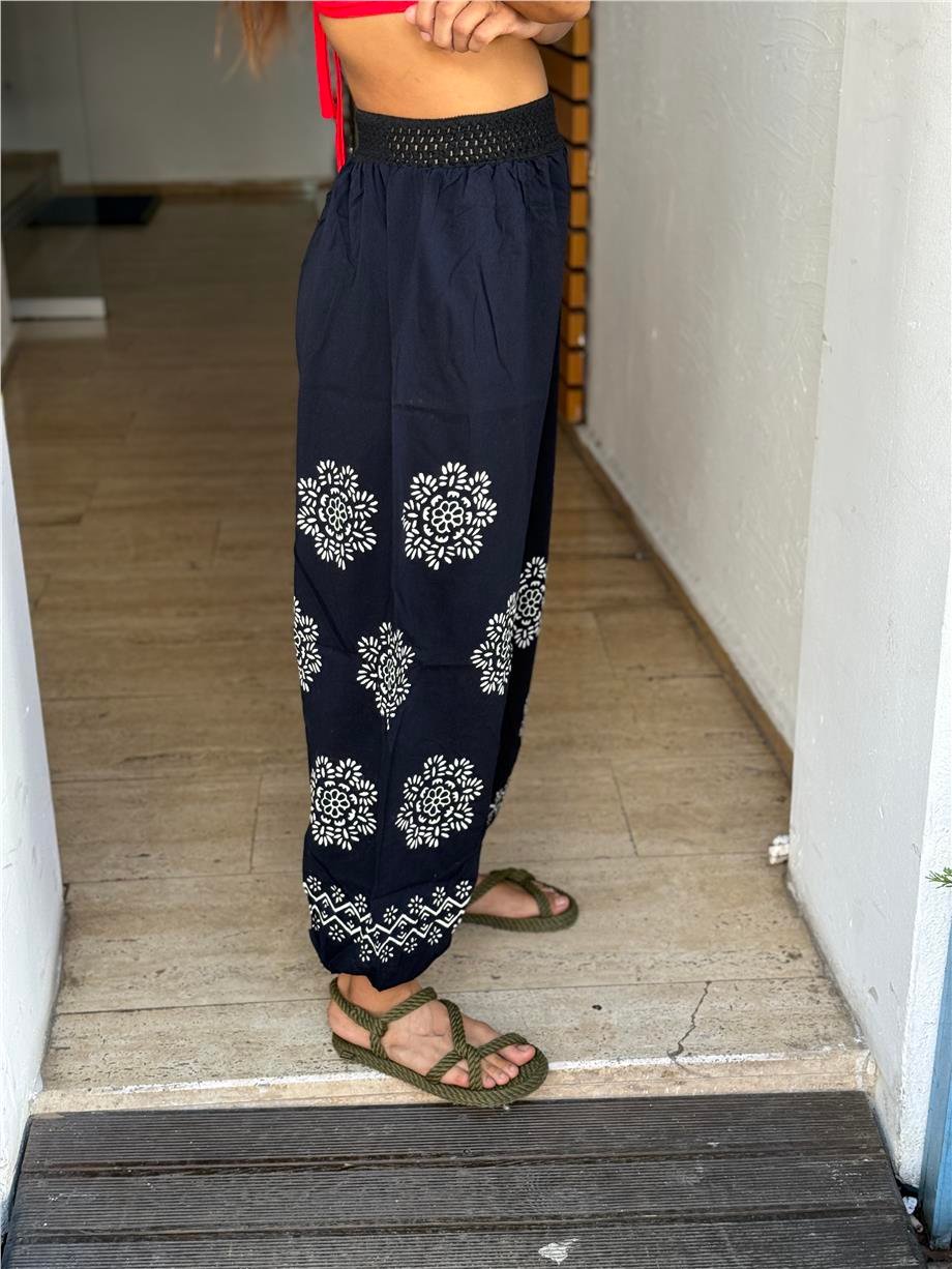 Siyah Renk El Baskılı Bohem Pantolon
