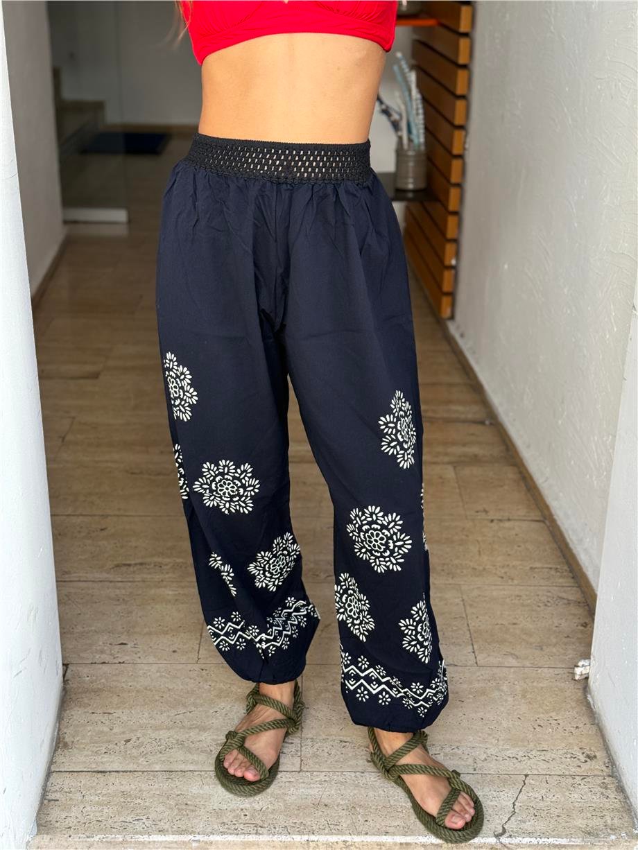 Siyah Renk El Baskılı Bohem Pantolon