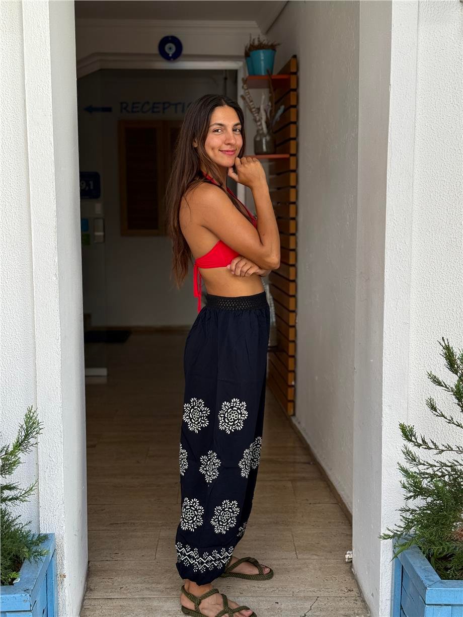 Siyah Renk El Baskılı Bohem Pantolon