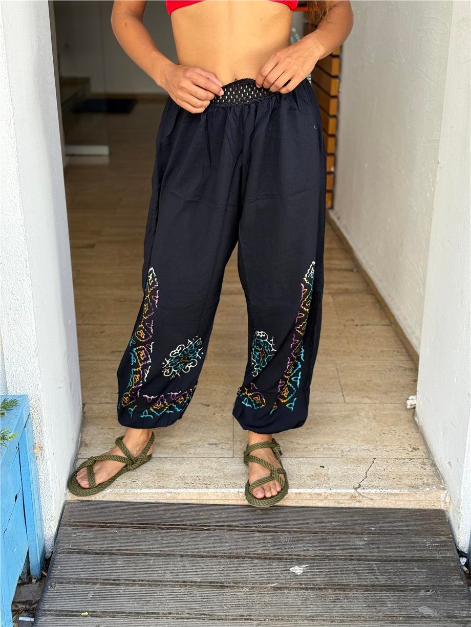 Siyah Renk El Baskılı Bohem Pantolon