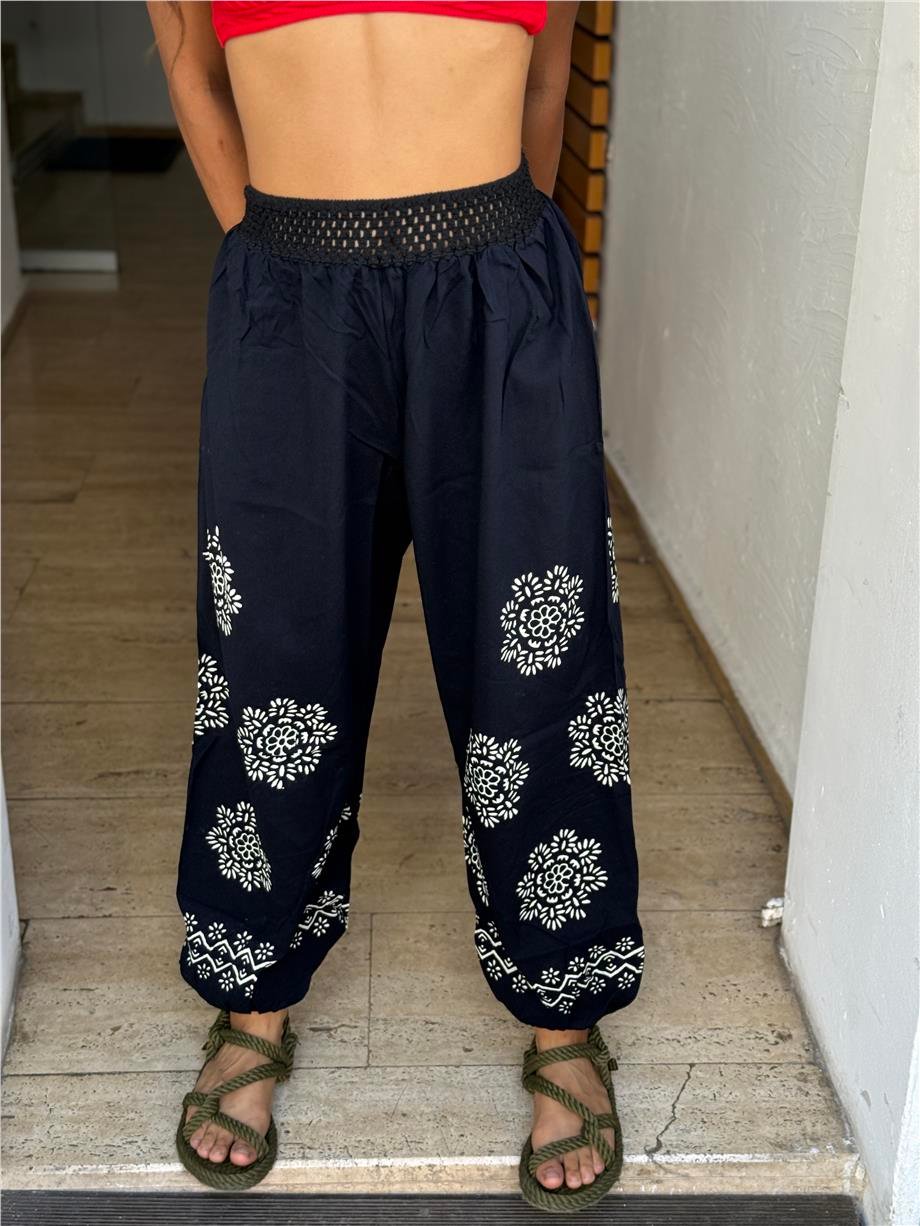 Siyah Renk El Baskılı Bohem Pantolon