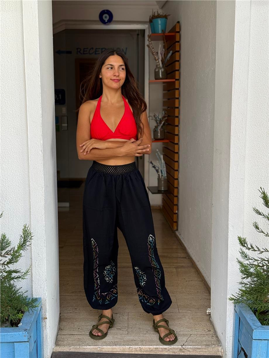 Siyah Renk El Baskılı Bohem Pantolon