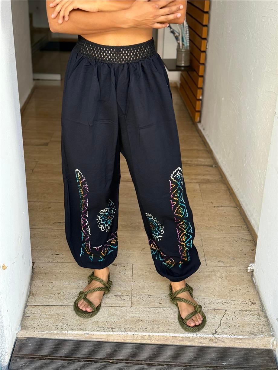 Siyah Renk El Baskılı Bohem Pantolon