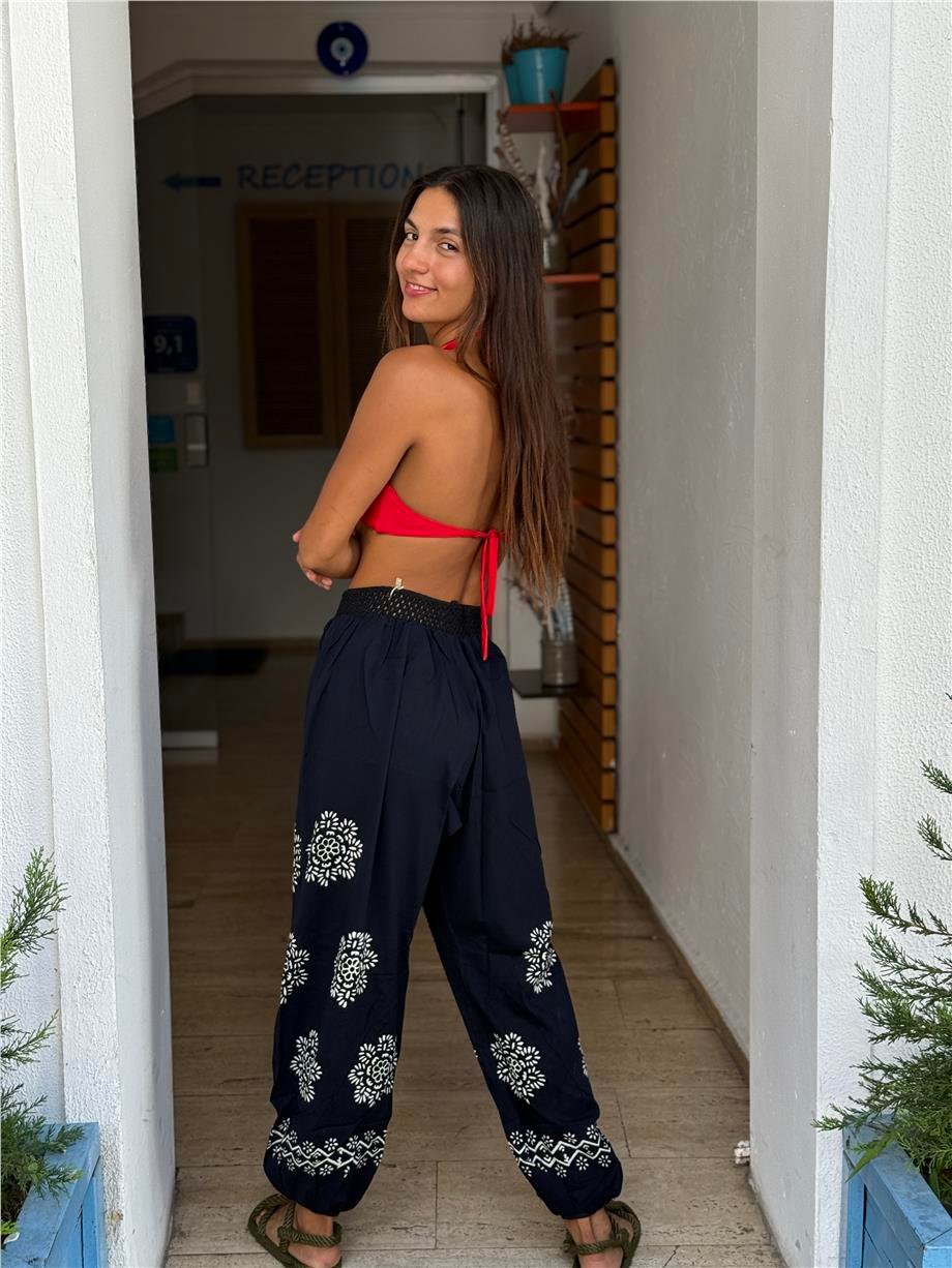 Siyah Renk El Baskılı Bohem Pantolon