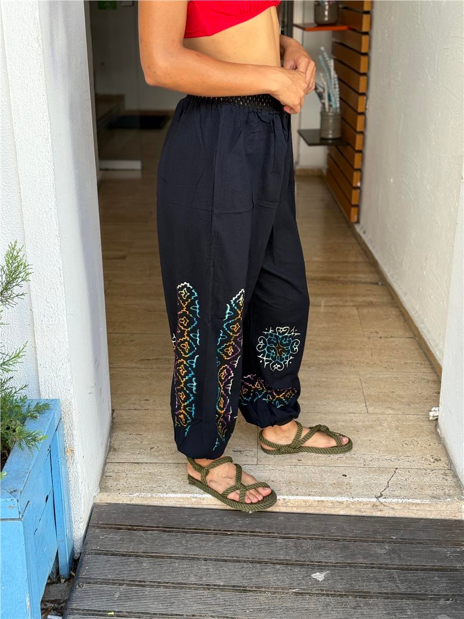 Siyah Renk El Baskılı Bohem Pantolon