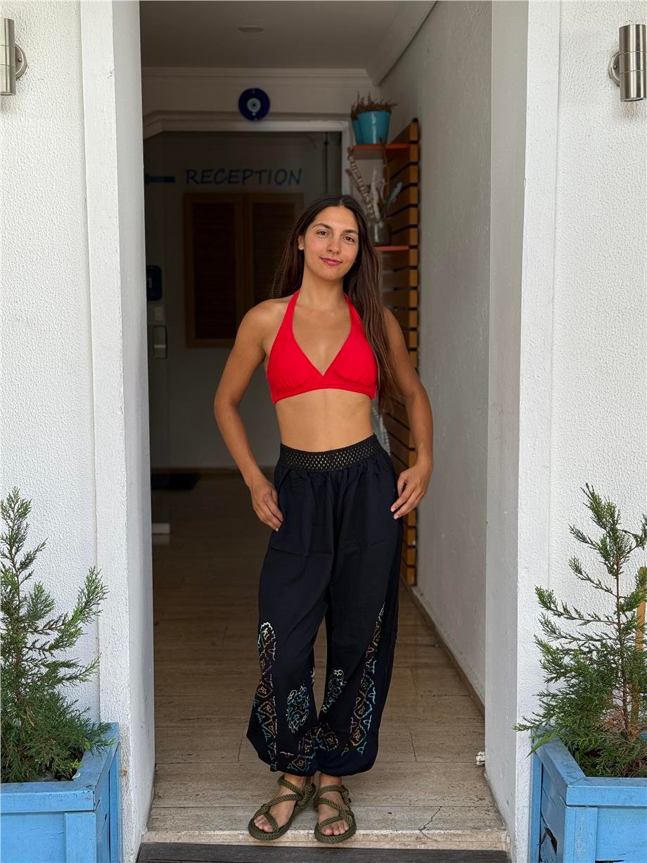 Siyah Renk El Baskılı Bohem Pantolon