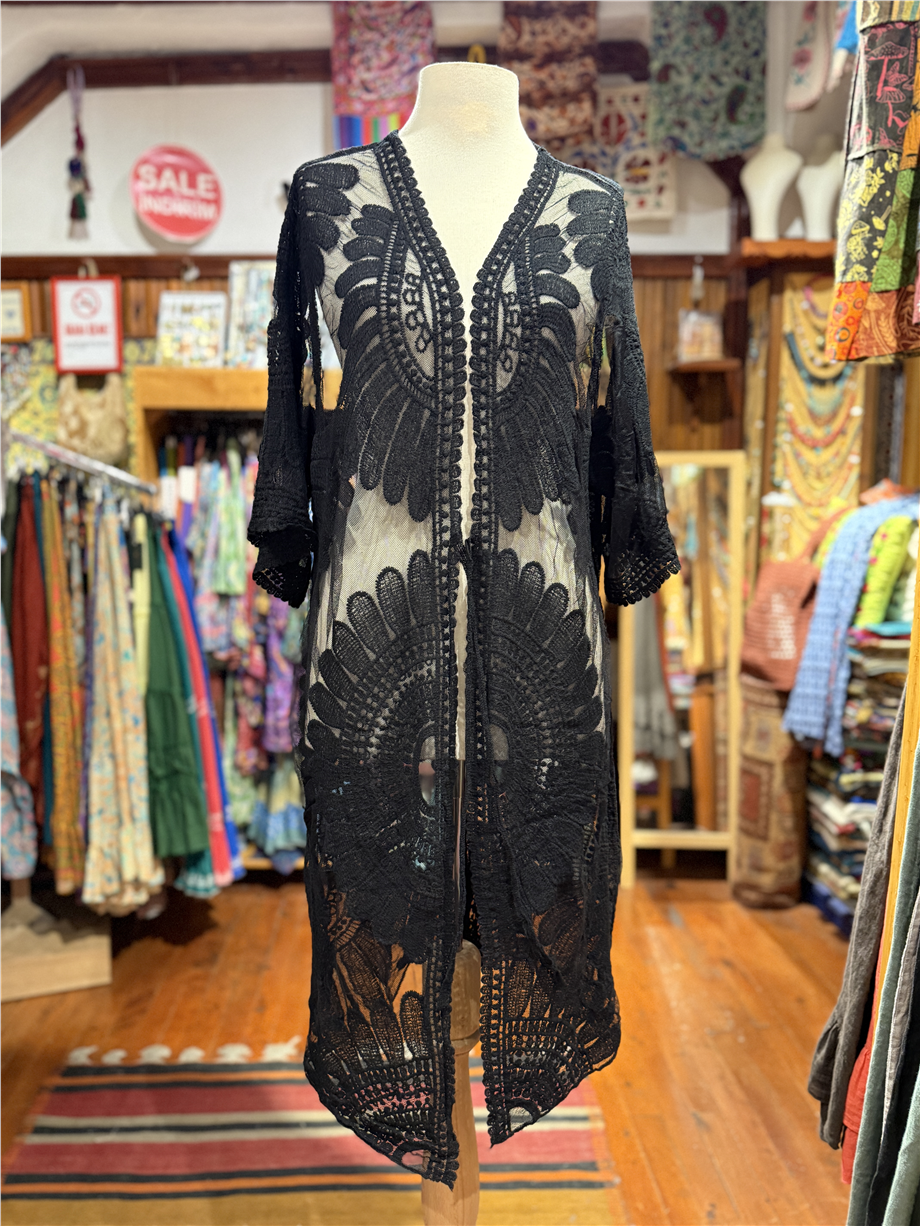 Siyah Renk Nakışlı Boho Kimono