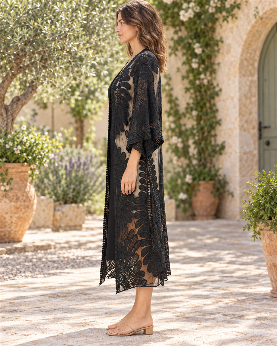 Siyah Renk Nakışlı Boho Kimono