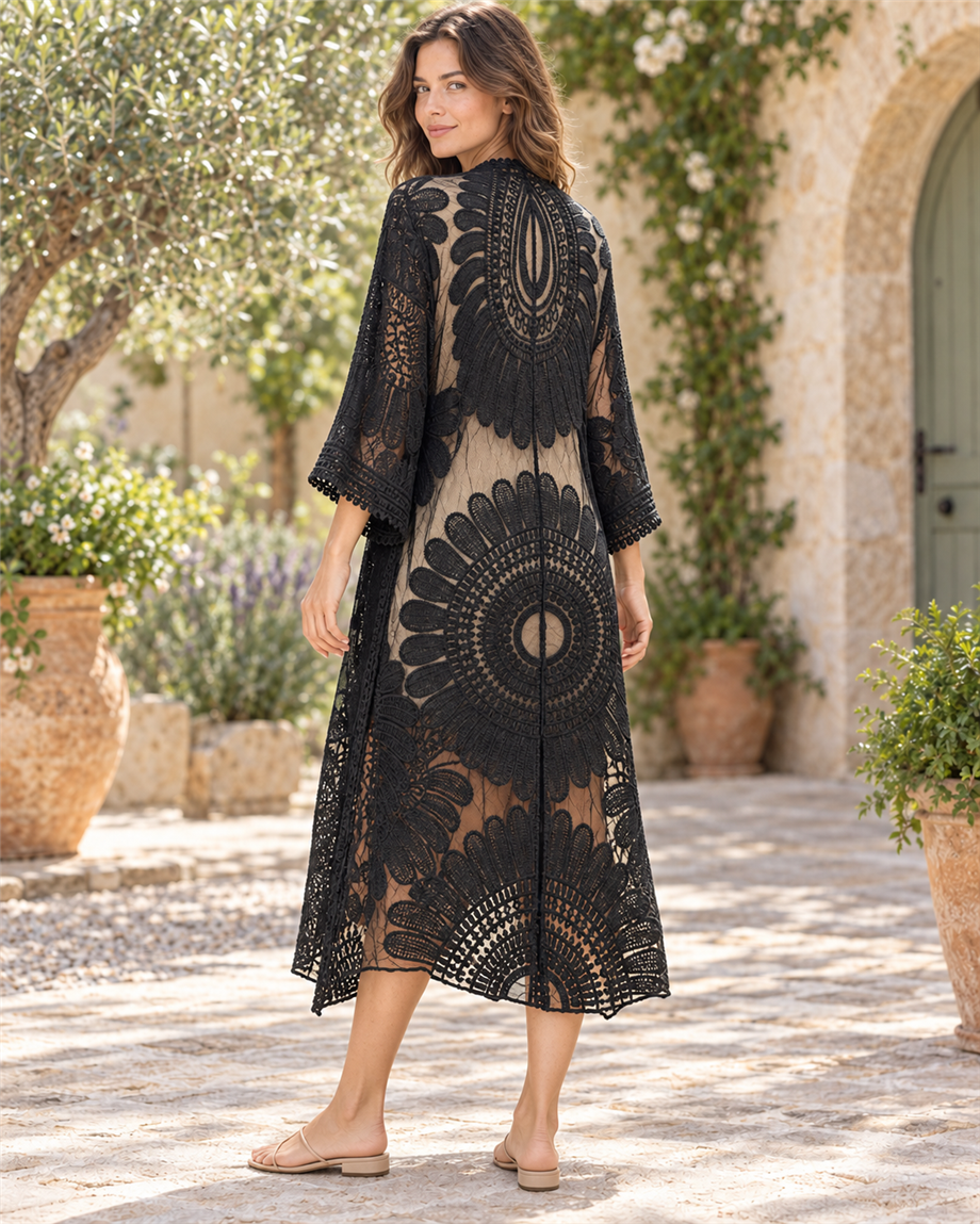 Siyah Renk Nakışlı Boho Kimono