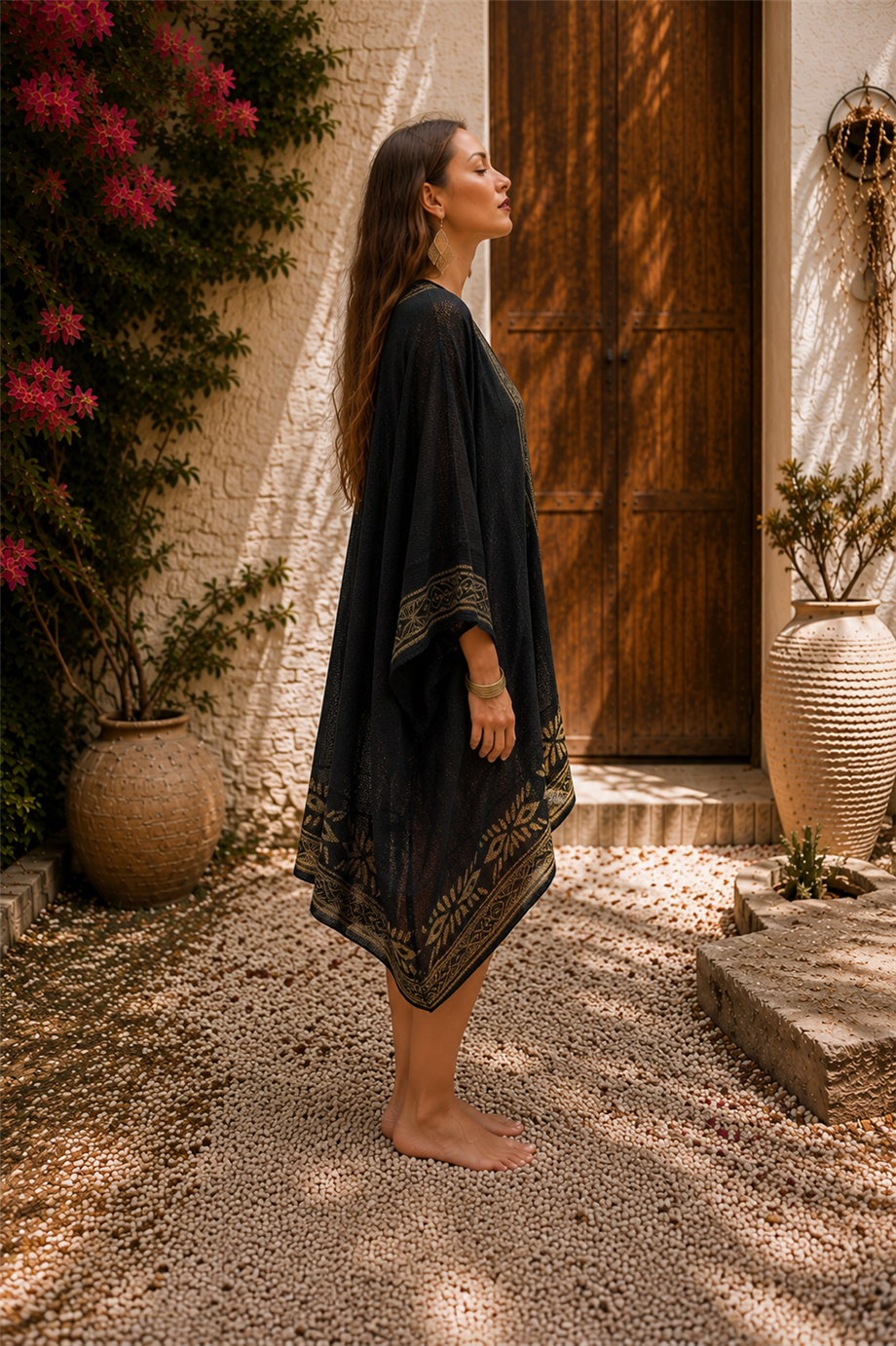 Siyah Renk Otantik Baskılı File Kimono