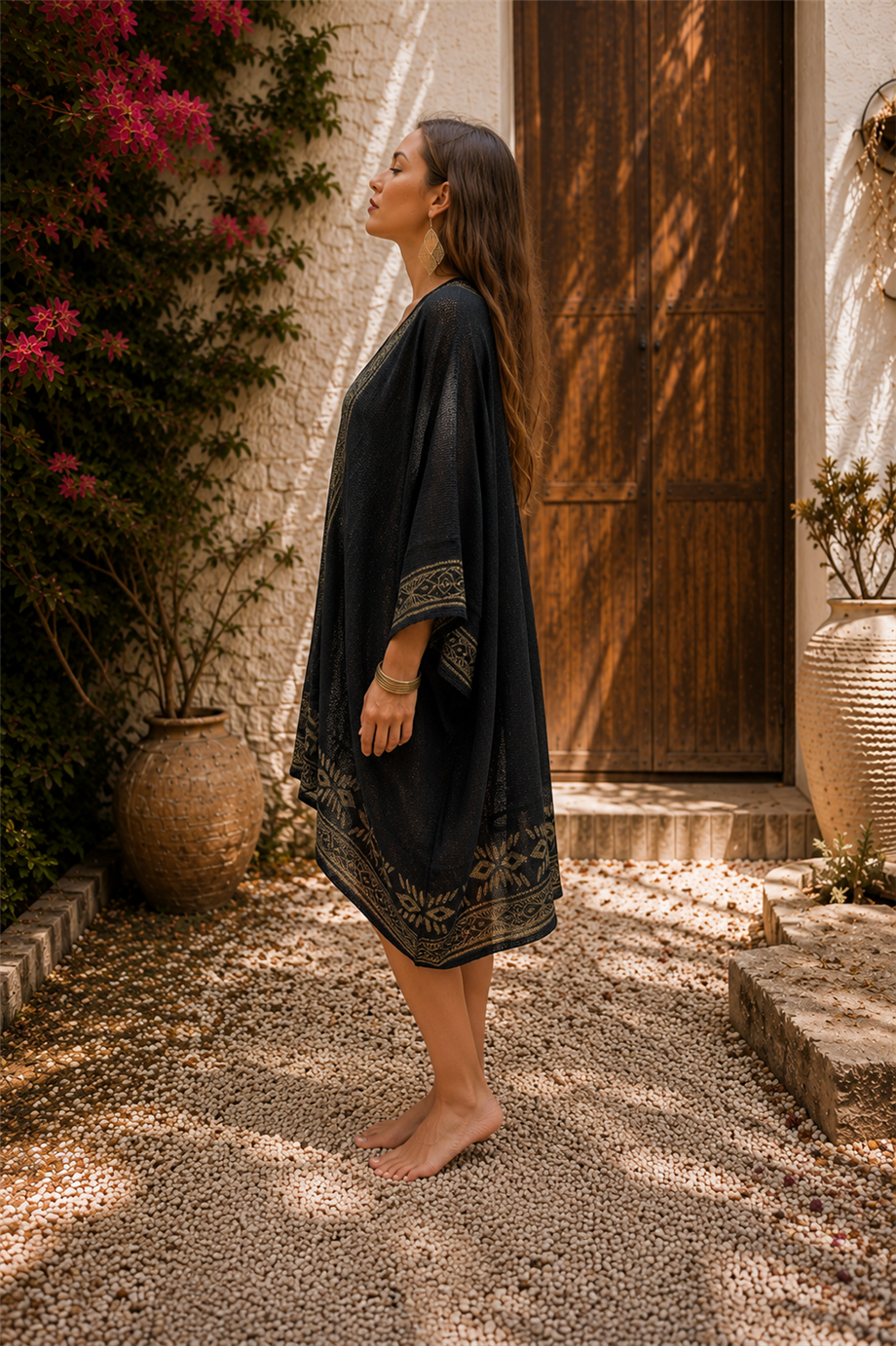 Siyah Renk Otantik Baskılı File Kimono