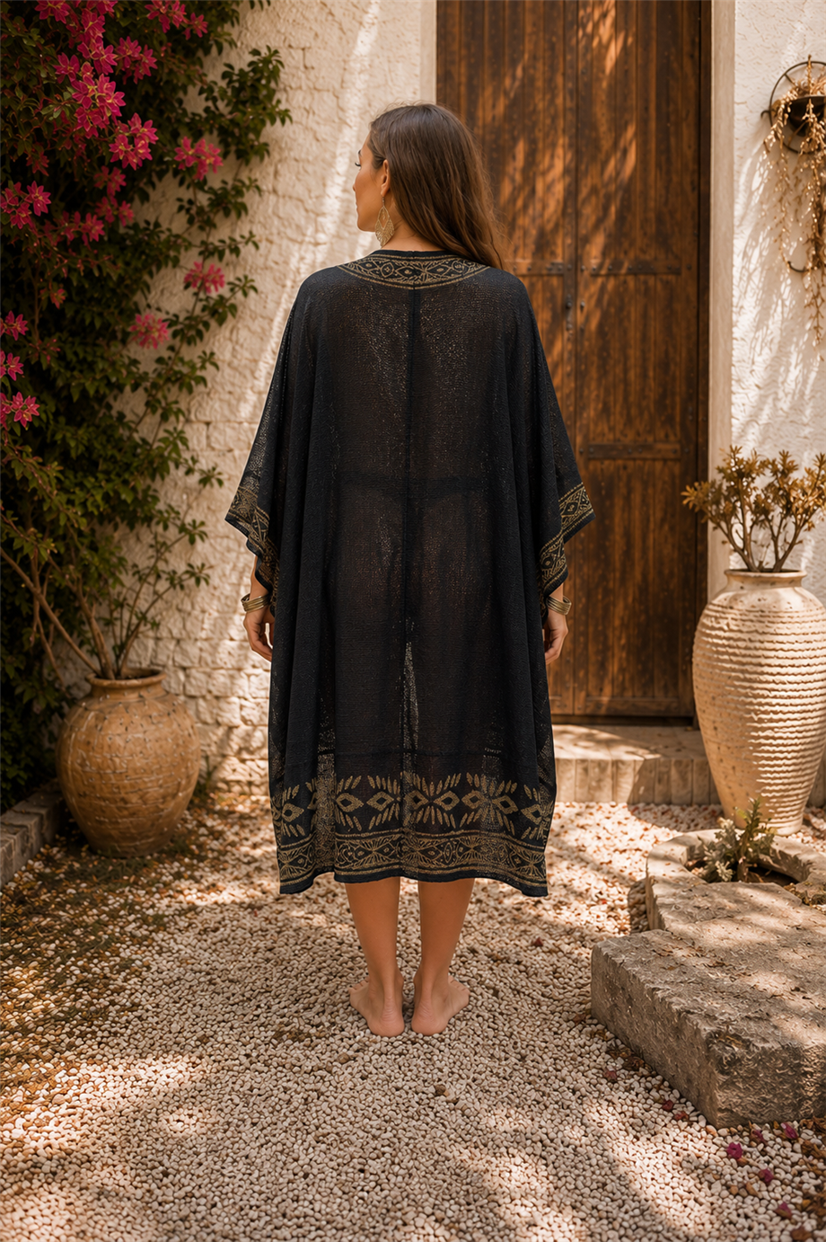 Siyah Renk Otantik Baskılı File Kimono