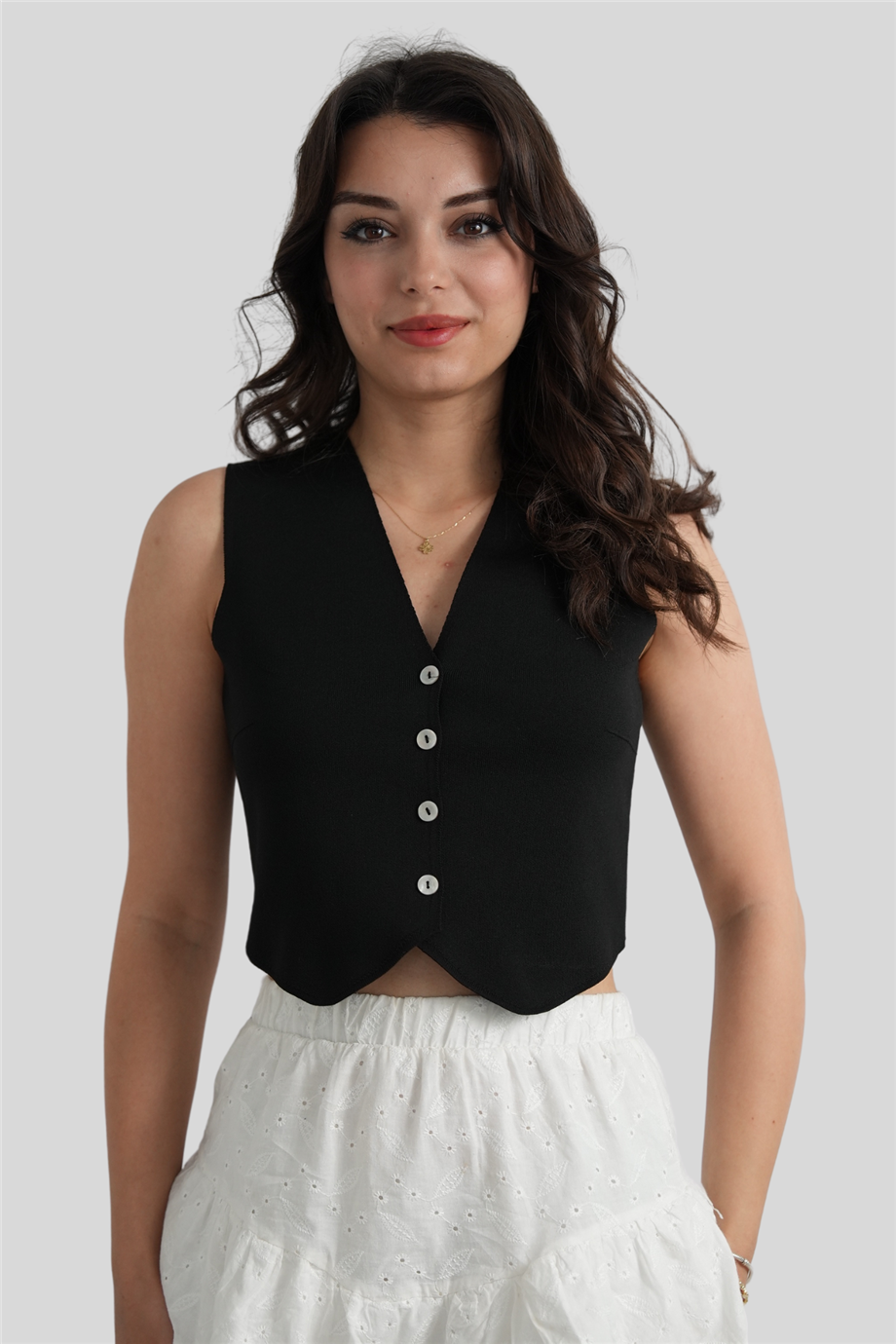 Siyah V Yaka Düğme Detaylı Örme Triko Bluz