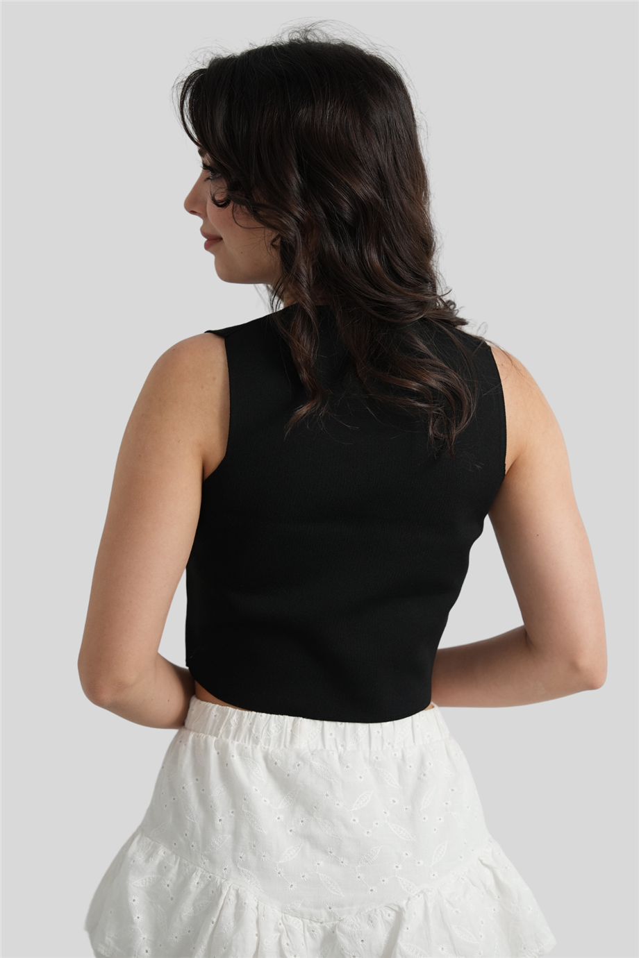 Siyah V Yaka Düğme Detaylı Örme Triko Bluz