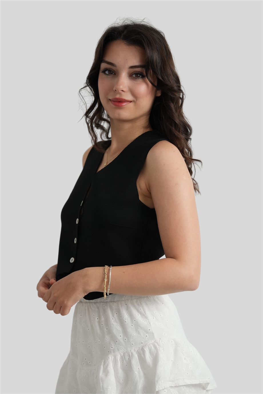 Siyah V Yaka Düğme Detaylı Örme Triko Bluz