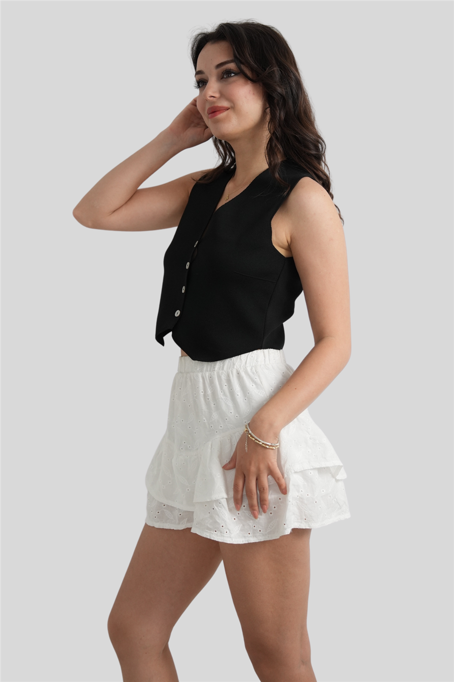 Siyah V Yaka Düğme Detaylı Örme Triko Bluz