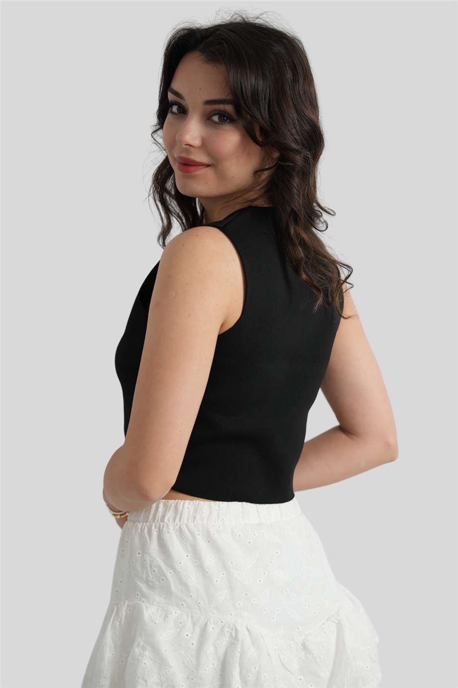 Siyah V Yaka Düğme Detaylı Örme Triko Bluz