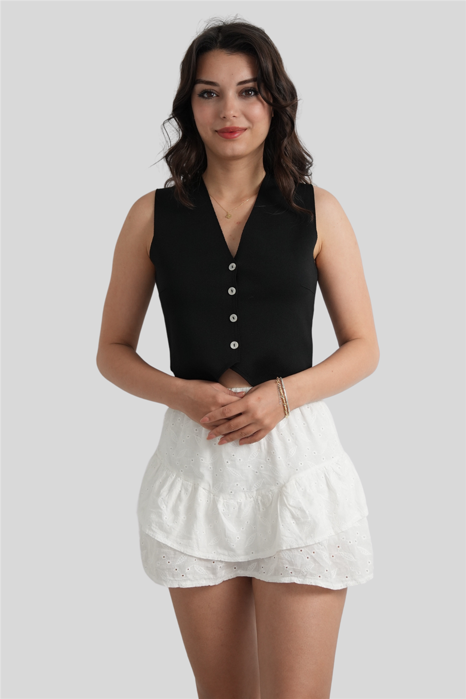 Siyah V Yaka Düğme Detaylı Örme Triko Bluz