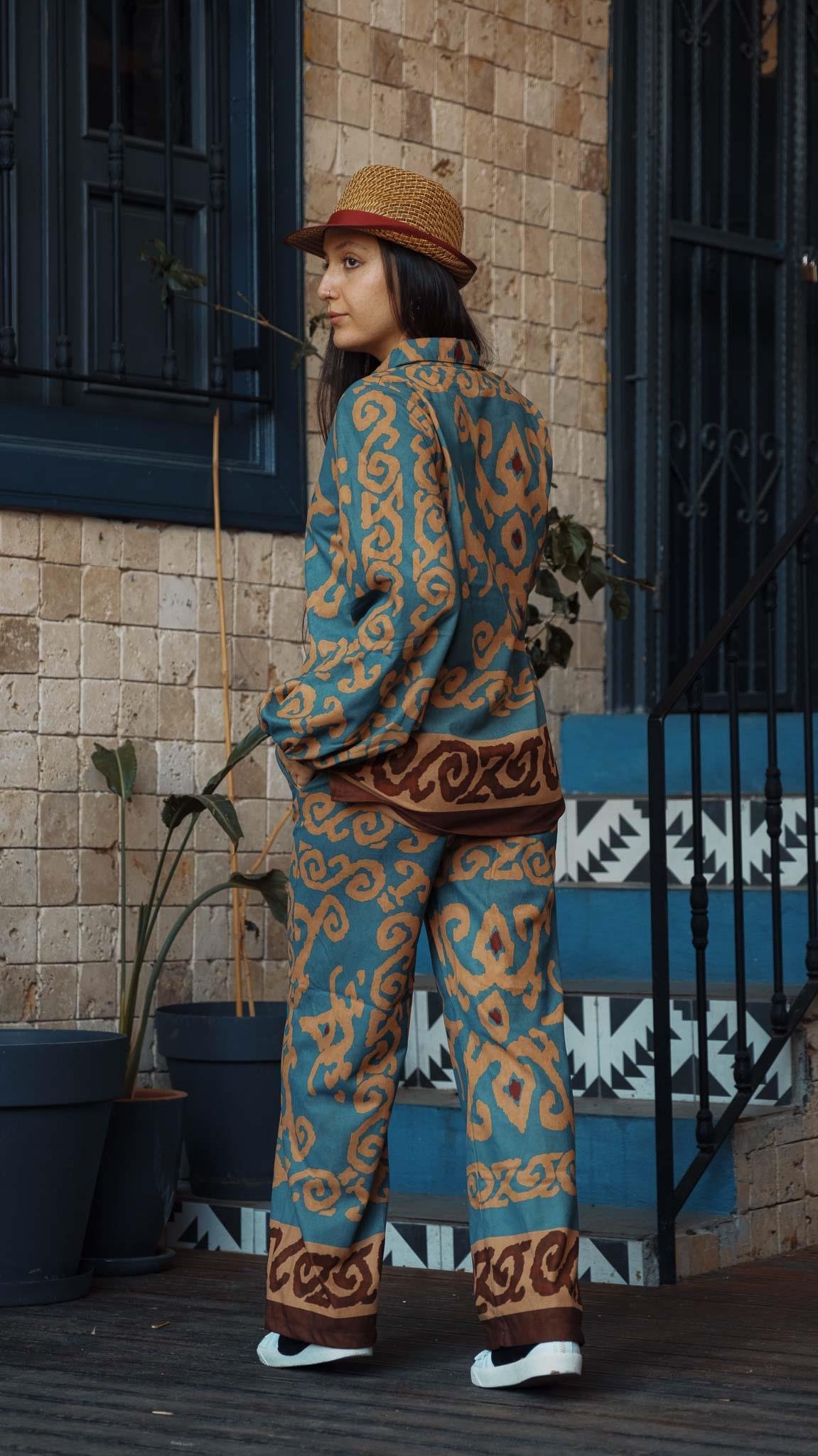 Su Yolu Desenli Turkuaz Pantolon Gömlek Takım