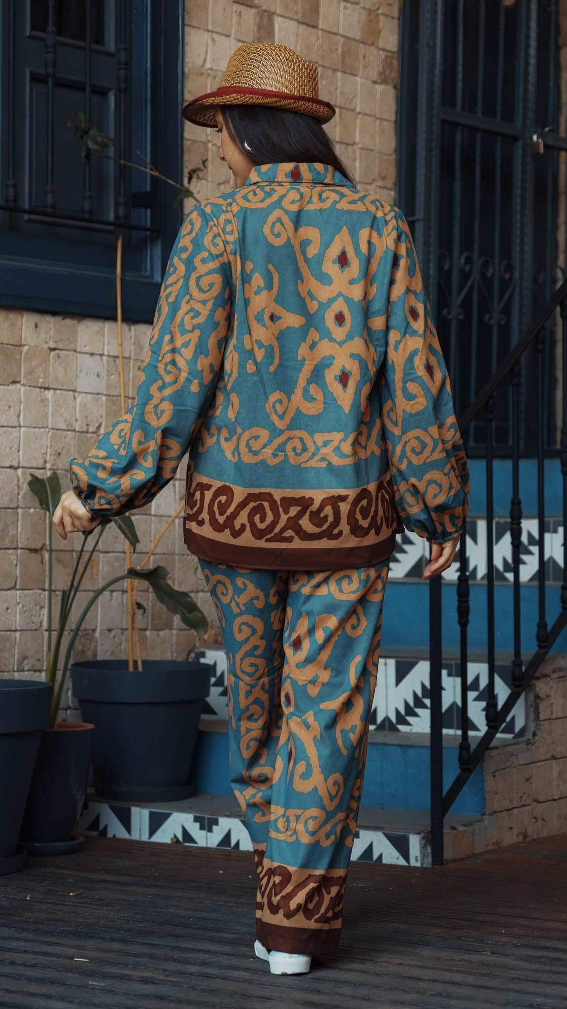 Su Yolu Desenli Turkuaz Pantolon Gömlek Takım