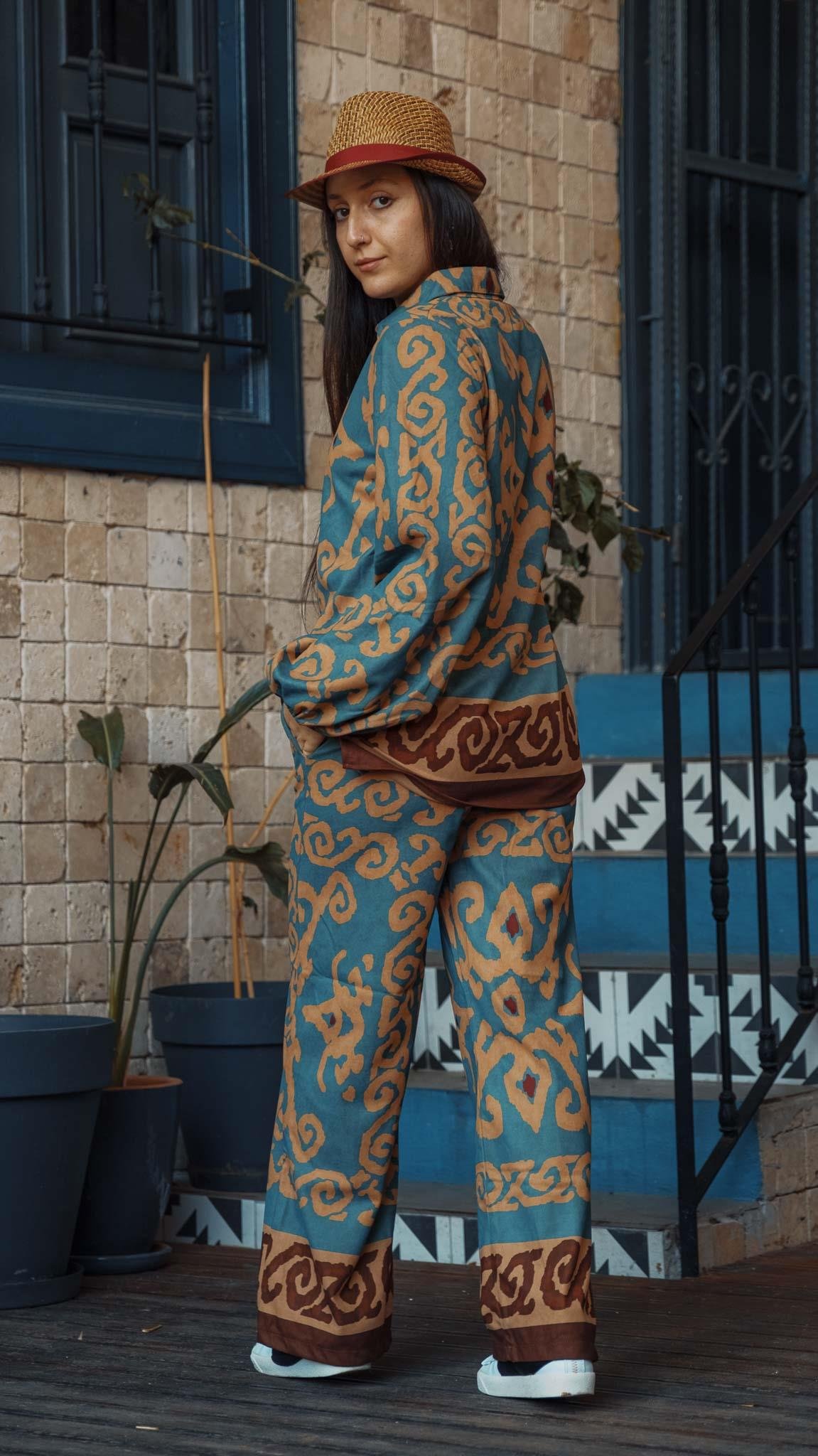 Su Yolu Desenli Turkuaz Pantolon Gömlek Takım