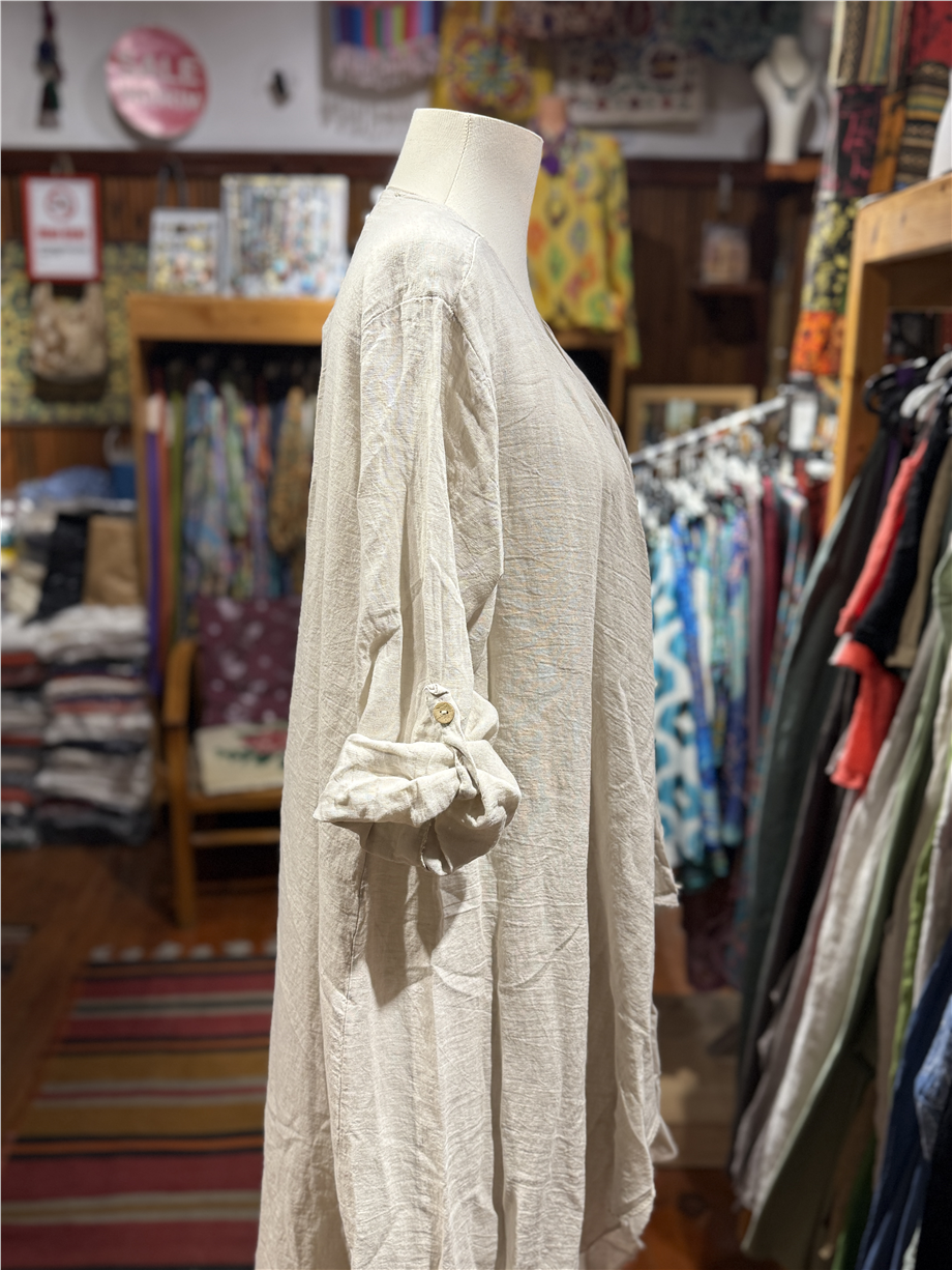 Taş Rengi Bohem Asimetrik Salaş Keten Kaftan