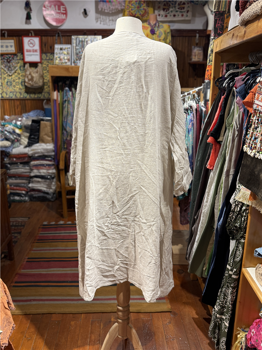 Taş Rengi Bohem Asimetrik Salaş Keten Kaftan