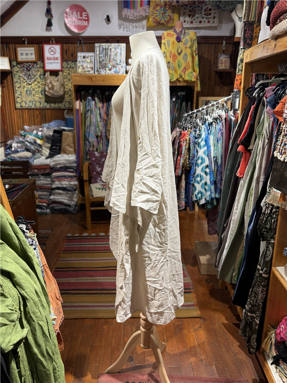 Taş Rengi Bohem Asimetrik Salaş Keten Kaftan