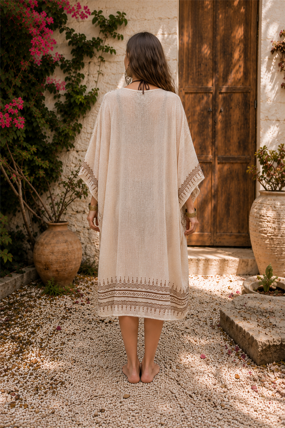 Taş Rengi Otantik Baskılı File Kimono
