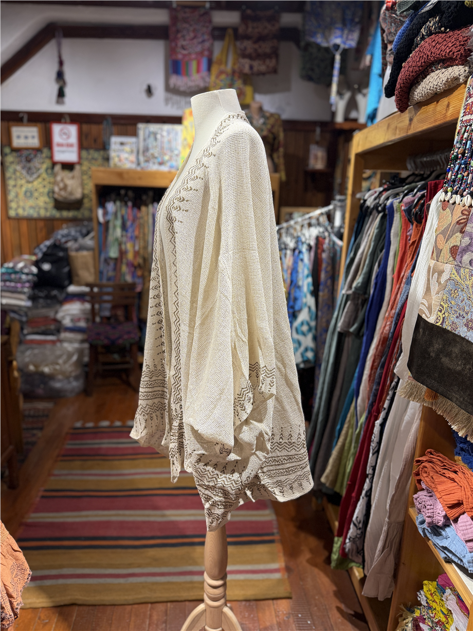 Taş Rengi Otantik Baskılı File Kimono