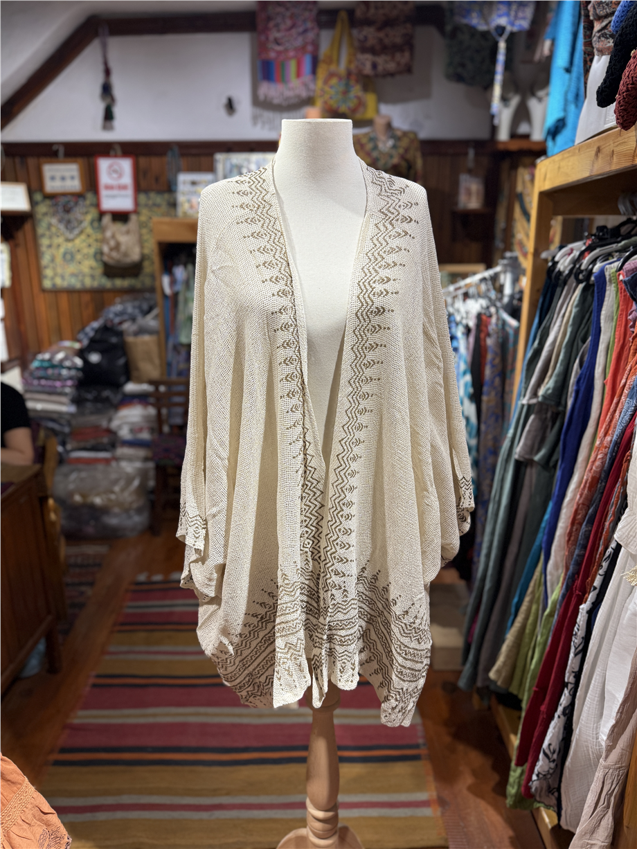 Taş Rengi Otantik Baskılı File Kimono