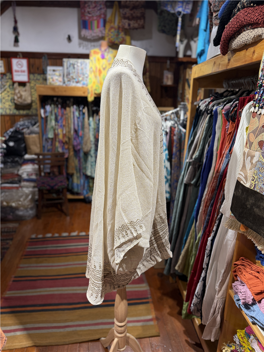Taş Rengi Otantik Baskılı File Kimono