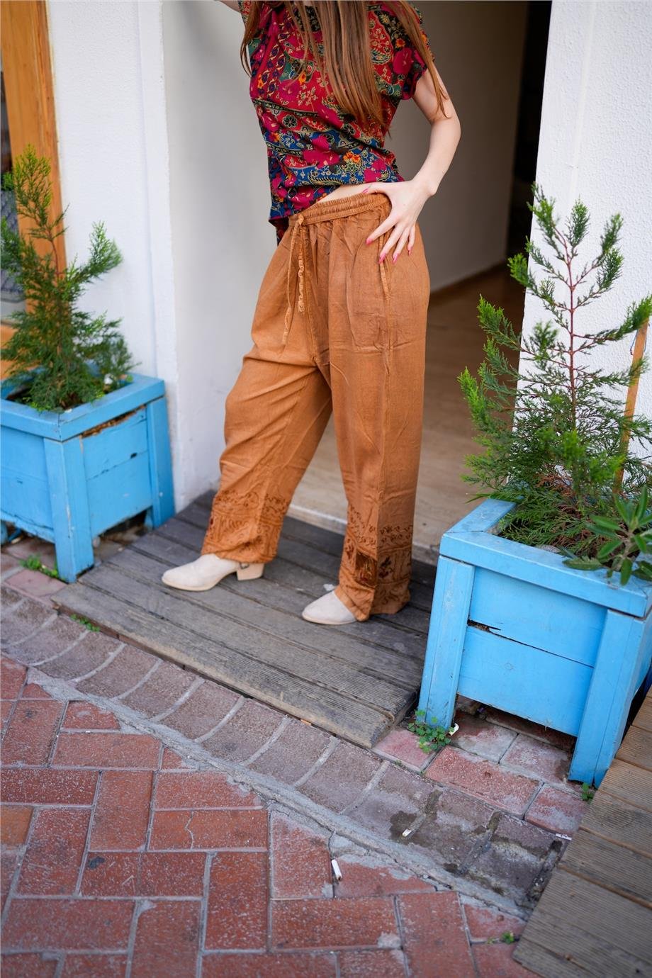 Toprak Rengi Vintage Nakışlı Bohem Pantolon