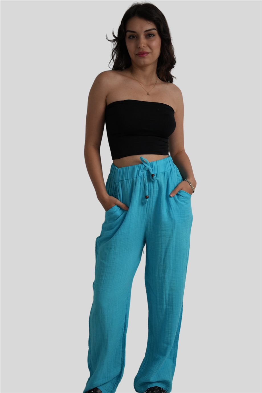 Turkuaz Beli Lastikli Müslin Pantolon