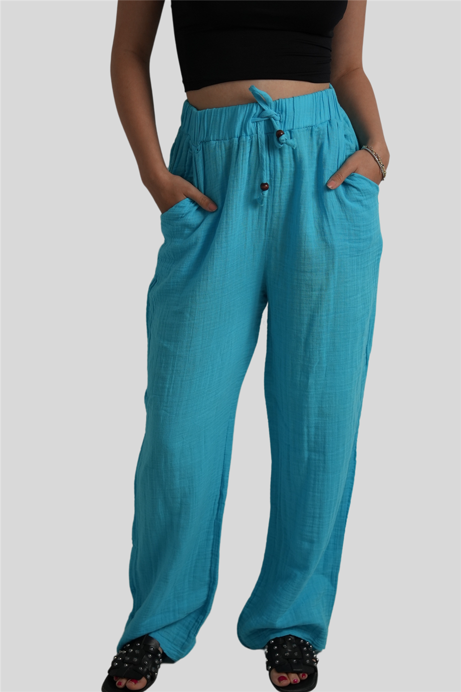 Turkuaz Beli Lastikli Müslin Pantolon