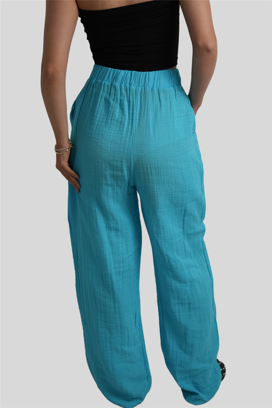 Turkuaz Beli Lastikli Müslin Pantolon