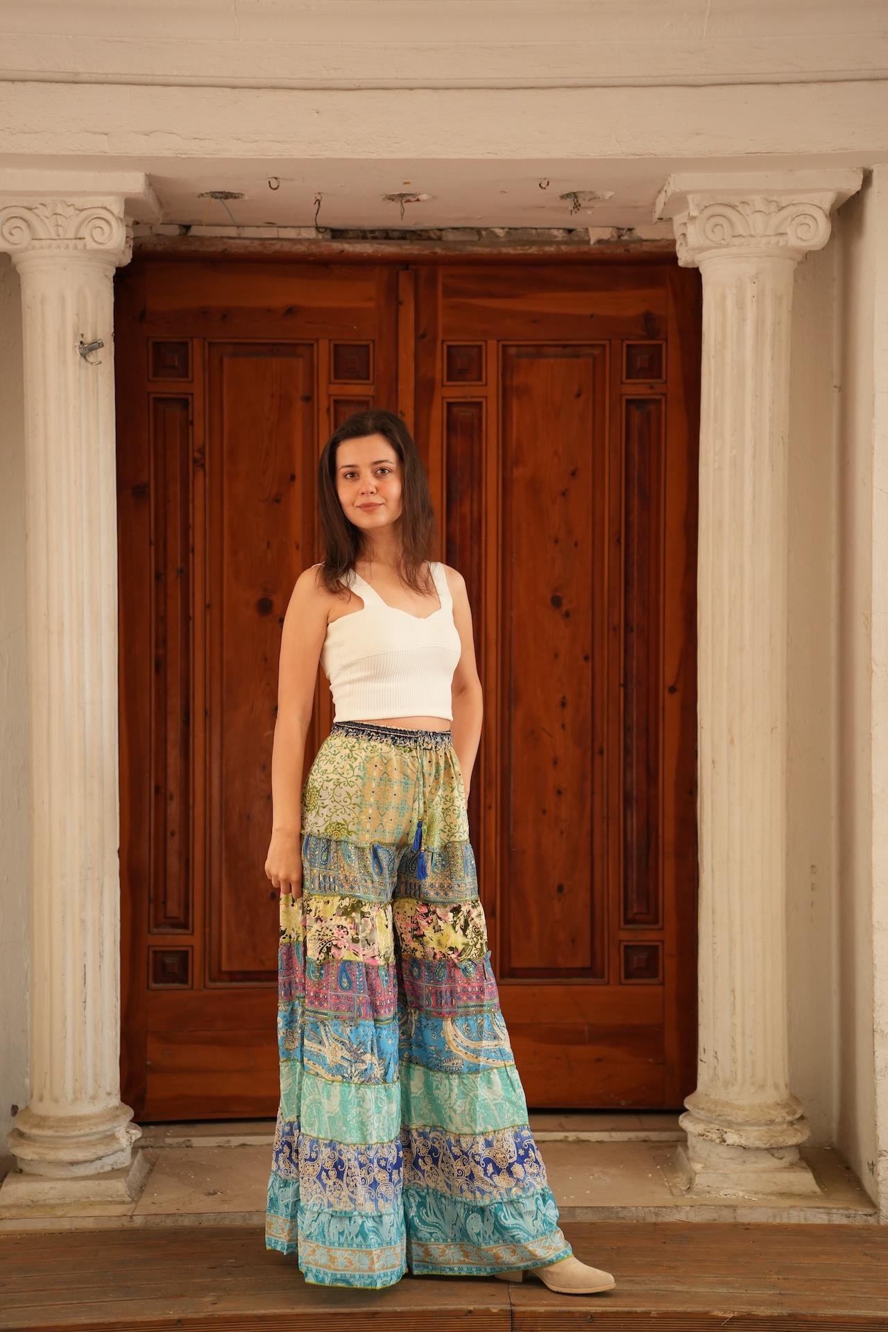 Turkuaz Bohem Patchwork Palazzo İpek Pantolon