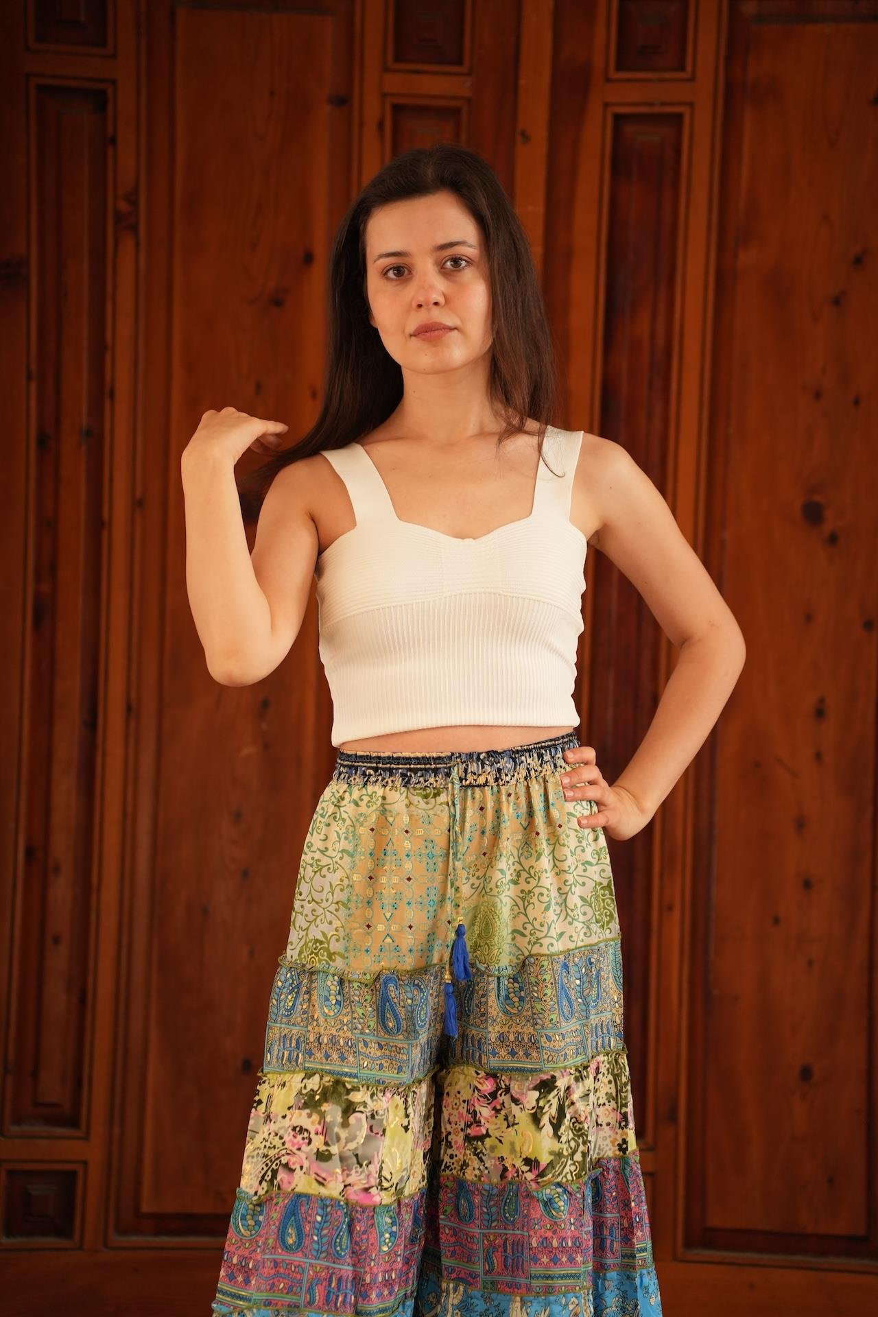 Turkuaz Bohem Patchwork Palazzo İpek Pantolon