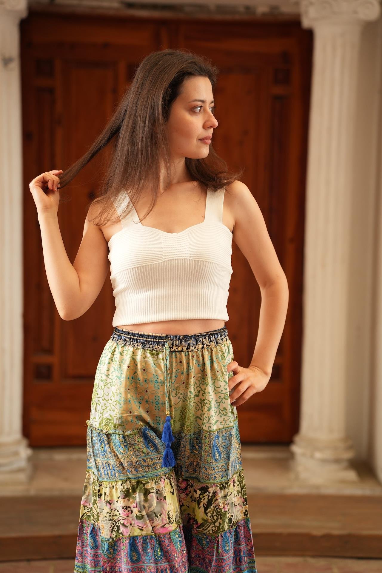 Turkuaz Bohem Patchwork Palazzo İpek Pantolon