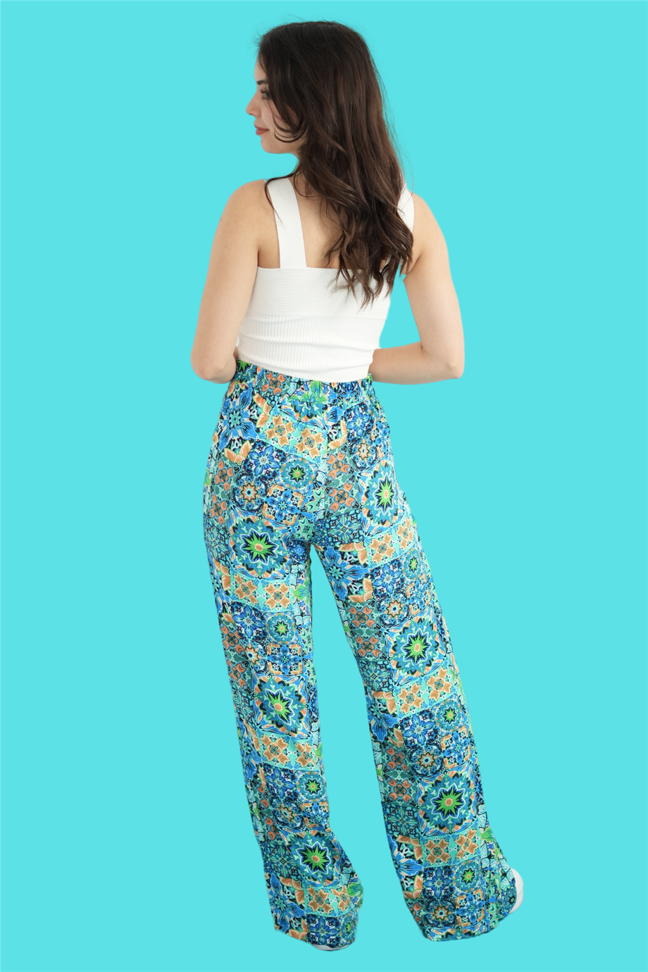 Turkuaz Çiçek Desenli Pantolon