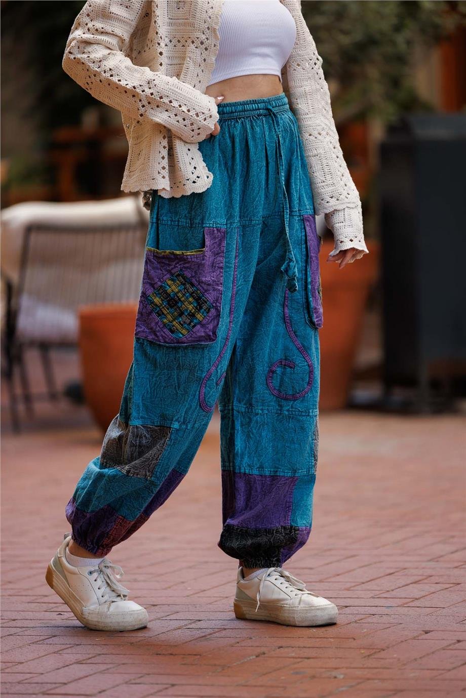 Turkuaz Renk Cep Detaylı Patchwork Bohem Pantolon