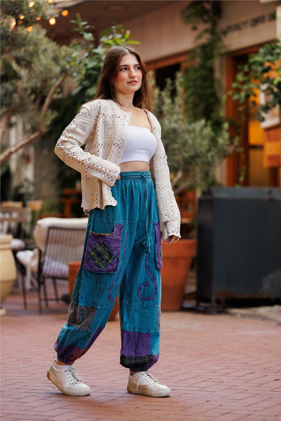 Turkuaz Renk Cep Detaylı Patchwork Bohem Pantolon