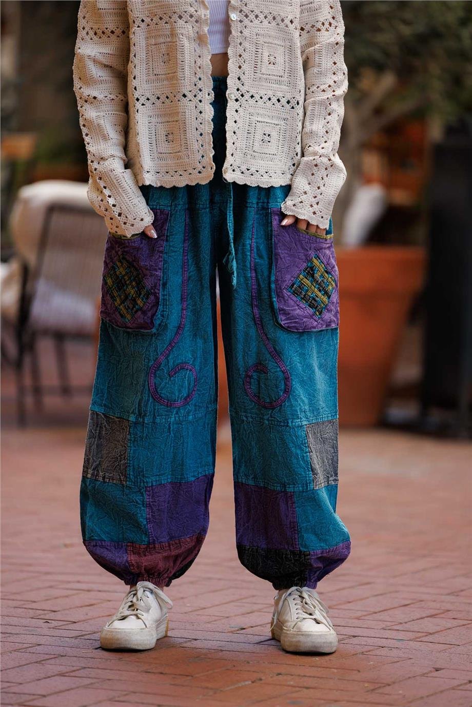 Turkuaz Renk Cep Detaylı Patchwork Bohem Pantolon