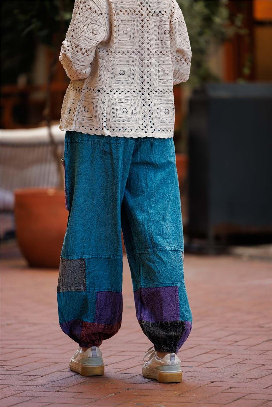 Turkuaz Renk Cep Detaylı Patchwork Bohem Pantolon