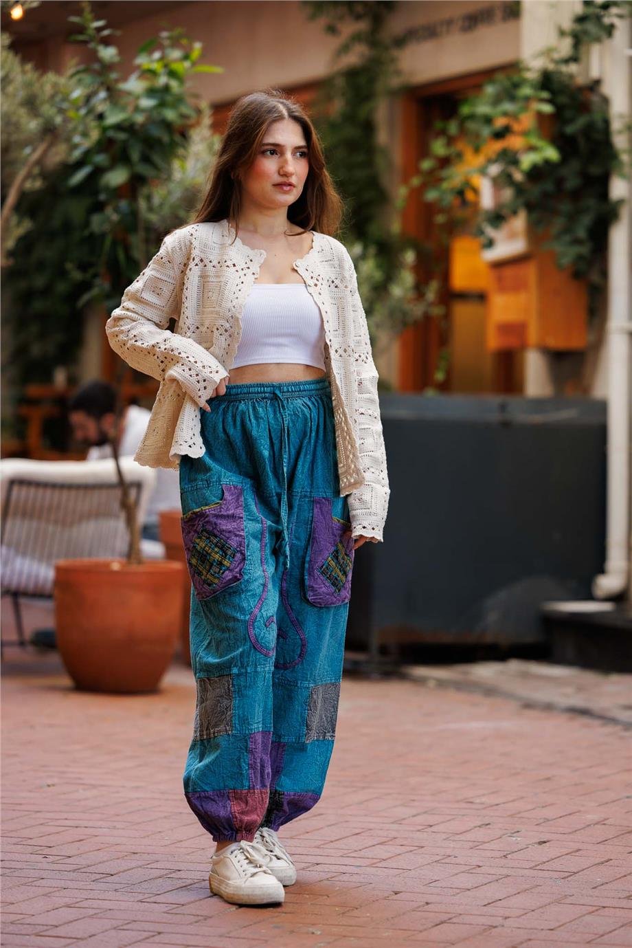 Turkuaz Renk Cep Detaylı Patchwork Bohem Pantolon
