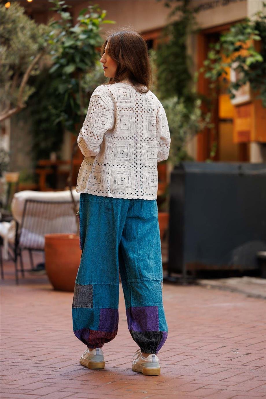 Turkuaz Renk Cep Detaylı Patchwork Bohem Pantolon