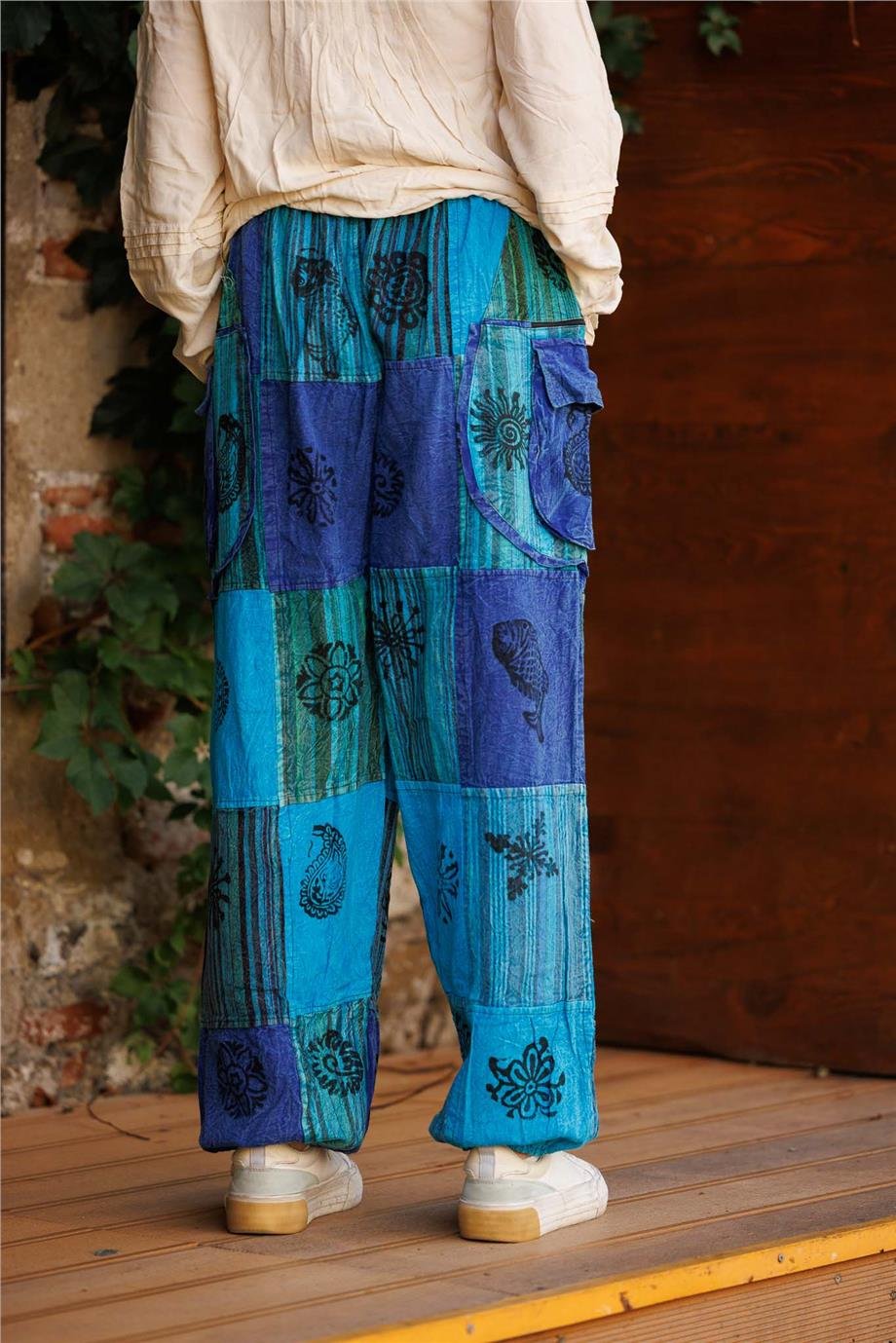 Turkuaz Renk Cep Ve Fermuar Detaylı Patchwork Bohem Pantolon