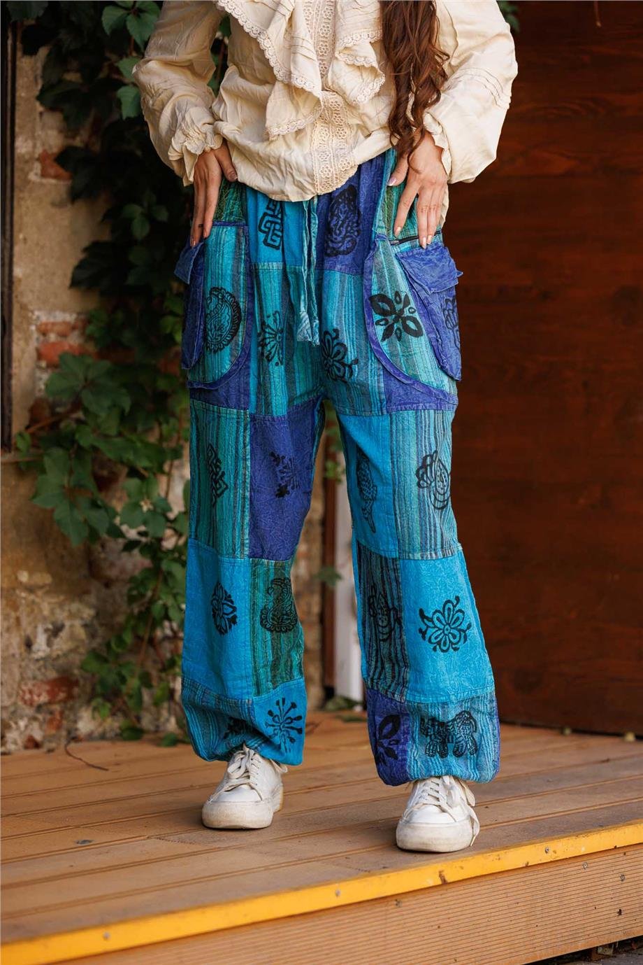 Turkuaz Renk Cep Ve Fermuar Detaylı Patchwork Bohem Pantolon