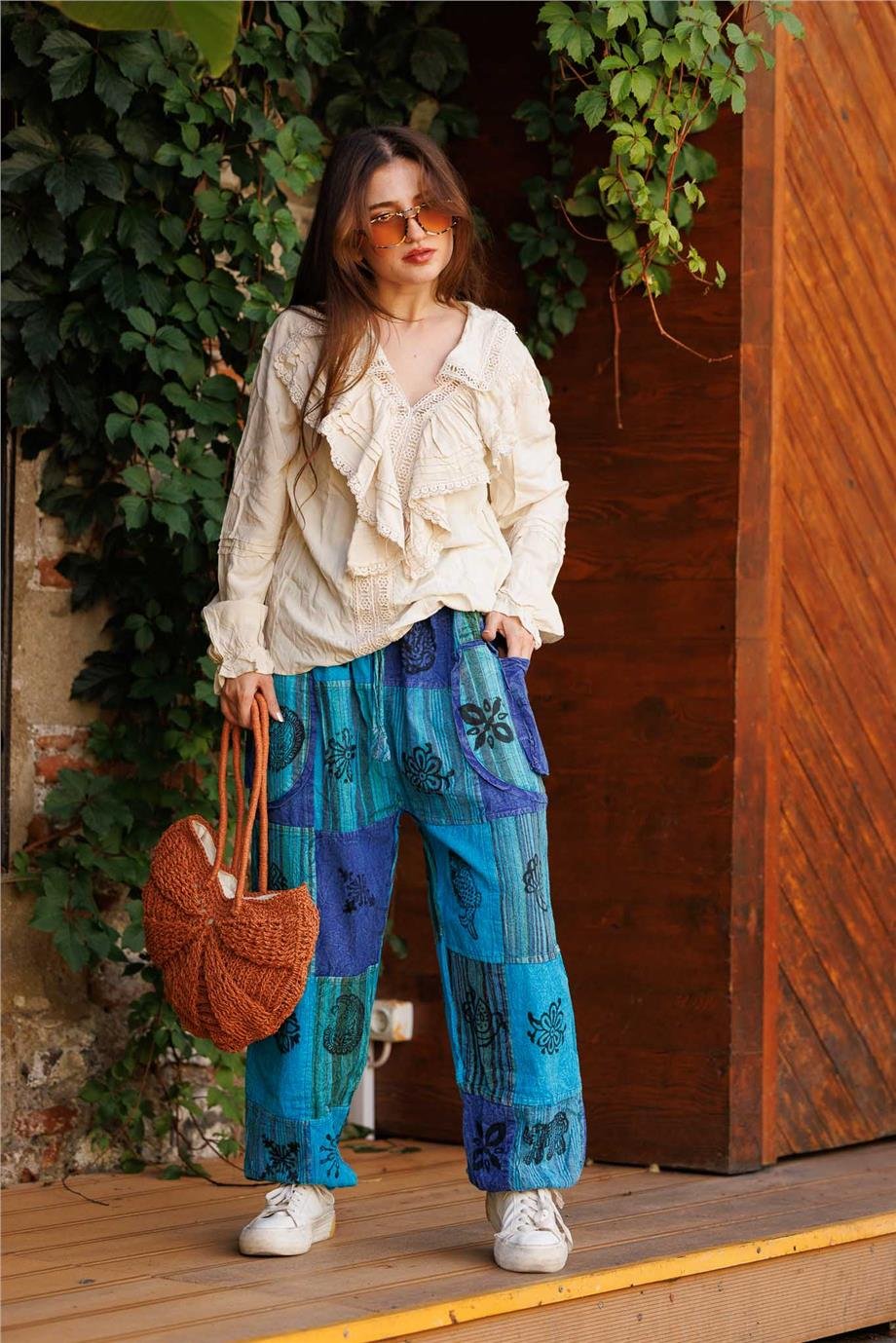 Turkuaz Renk Cep Ve Fermuar Detaylı Patchwork Bohem Pantolon